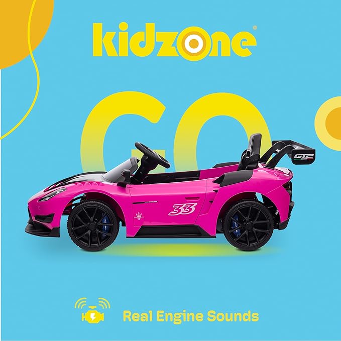 Kidzone 12V Ride On Car for Kids,Licensed Maserati GT2 Electric Battery Powered Sports Car Toy w/Remote Control & Manual Drive, LED Lights, Bluetooth & USB & AUX Port - Pink