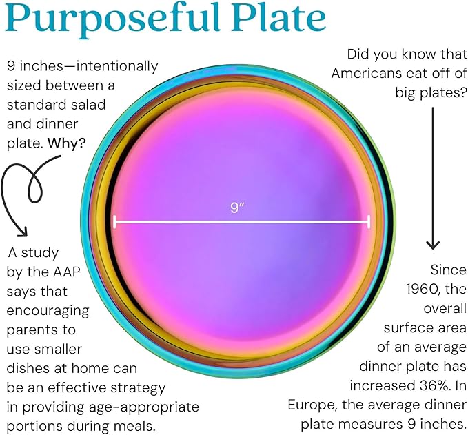 Ahimsa Stainless Steel Plates for Kids, 9" Colorful Stainless Steel Plates, Pediatrician Designed & Non Toxic, Unbreakable, Dishwasher Safe, Set of 4 Rainbow