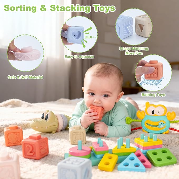 8-in-1 Montessori Baby Toys for 6-12 Months,Babies Travel Toy Set with Stacking Blocks, Pull Teether, Sensory Shape Sorter, Drawing Board & Harmonica, Infant Learning Gift for Toddler 1-3 Year Old