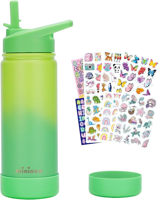 mininoo Kids Water Bottle for School, 16oz Stainless Steel Insulated Water Bottle Kids with Straw Lid for Girls, Boys (Lemon/Green)