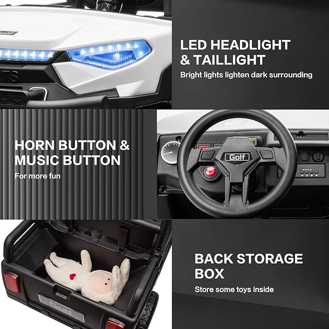 24V 2 Seater Kids Ride on Car, 4WD Golf Cart with Parent Remote Control, 4x4 Motors Ride on Truck with Roof, Toddler Electric Vehicle with Storage Box, Foot Pedal, Music Player, Lights, Horn, White