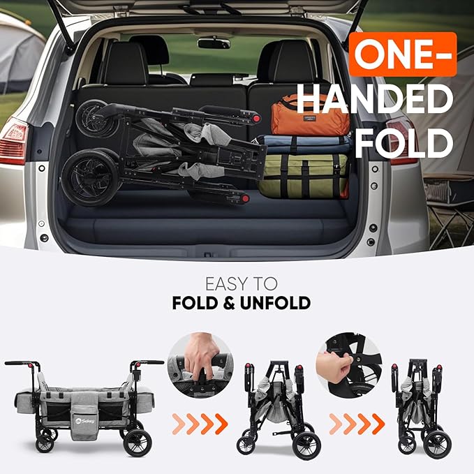 Sekey Wagon Stroller for 2 Kids, Luxury 4-in-1 Stroller Wagon - Premium Quality with Convertible Seats, Adjustable Push Handles, Removable Canopy, Snack Tray & Cooler, US Certified