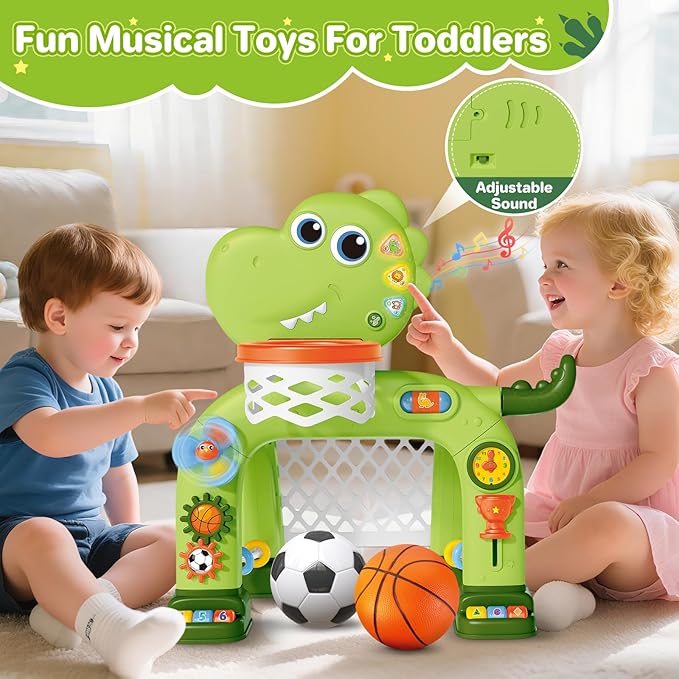 Toddler Basketball Hoop & Soccer Goal Toy,Dinosaur Toys with Light & Music,Musical Toys for 1 Year Old Boy Girl Learning Toy for Toddlers 1-3 Birthday Gifts for 1 Year Old Boys