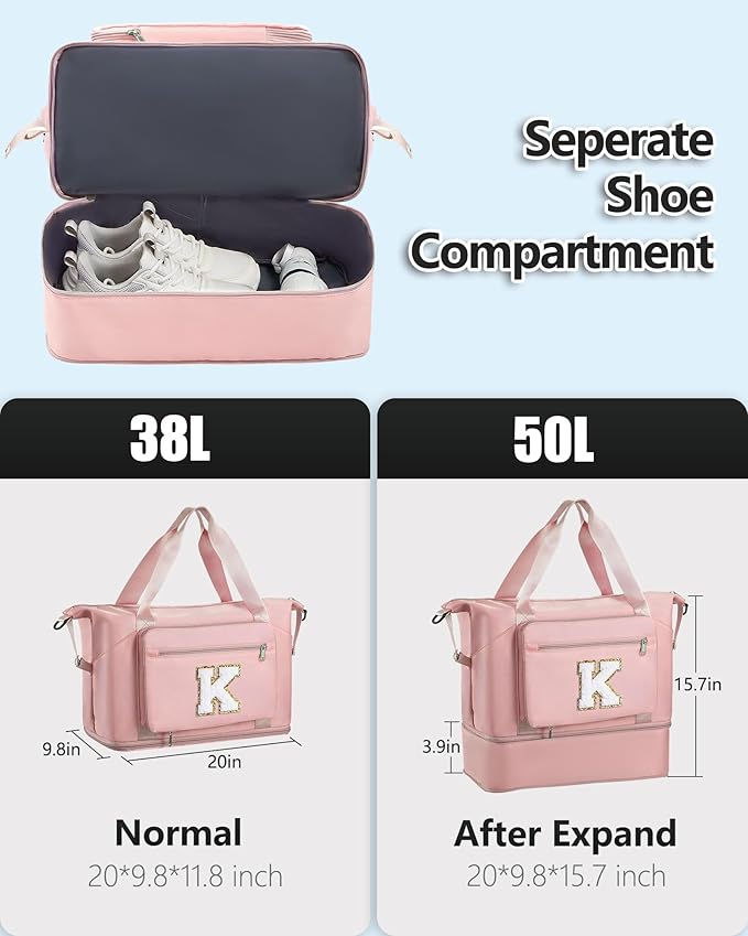 Personalized Gifts for Women Girls, Cute GYM Gymnastics Sports Workout Dance Bag with Shoe Compartment, Initial Large Duffle Carryon Bag for Traveling Essentials for Teen Tween Kids-Pink K
