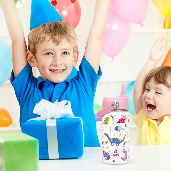 Dinosaur Kids Water Bottle With Straw Lid,14 oz Stainless Steel Travel Bottle,Double Wall Leak Proof Kids Cup,Insulated Tumbler for Toddlers,Pink Metal Bottle for School Boys Girls