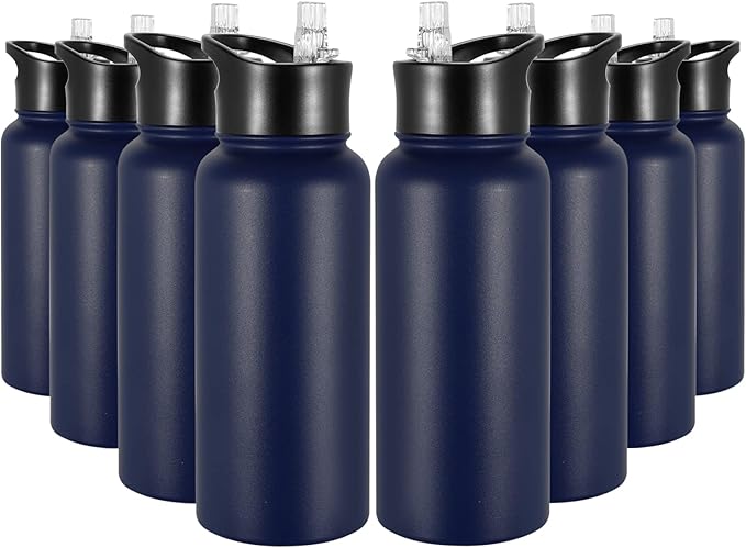 32 oz Insulated Water Bottle Bulk 8 Pack, Stainless Steel Sports Water Bottles with Straw Lid & Wide Mouth Lids, Double Walled Vacuum, Leak Proof, Blue