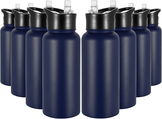 32 oz Insulated Water Bottle Bulk 8 Pack, Stainless Steel Sports Water Bottles with Straw Lid & Wide Mouth Lids, Double Walled Vacuum, Leak Proof, Blue