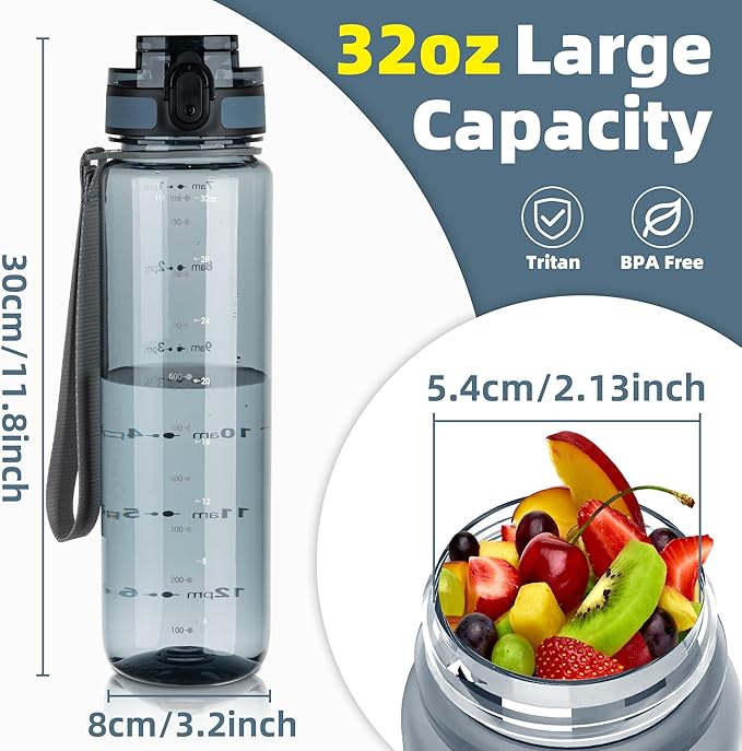 OLDLEY 32 oz Water Bottle, Motivational Water Bottle with Time Marker, Sports Water Bottle With Strap, Leakproof & BPA Free Large Water Bottles for School, Gym, Travel, Tritan, Transparent Ink Blue