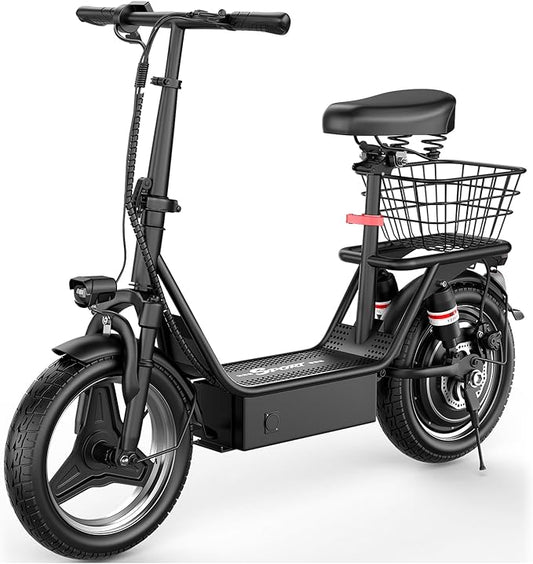 Electric Scooter Adults, 1000W Peak Motor, 35 Miles of Range Scooter with Seat, 28MPH Top Speed, Foldable Escooter with Rear Basket for Pets and Cargo, Dual Suspension for Commuting