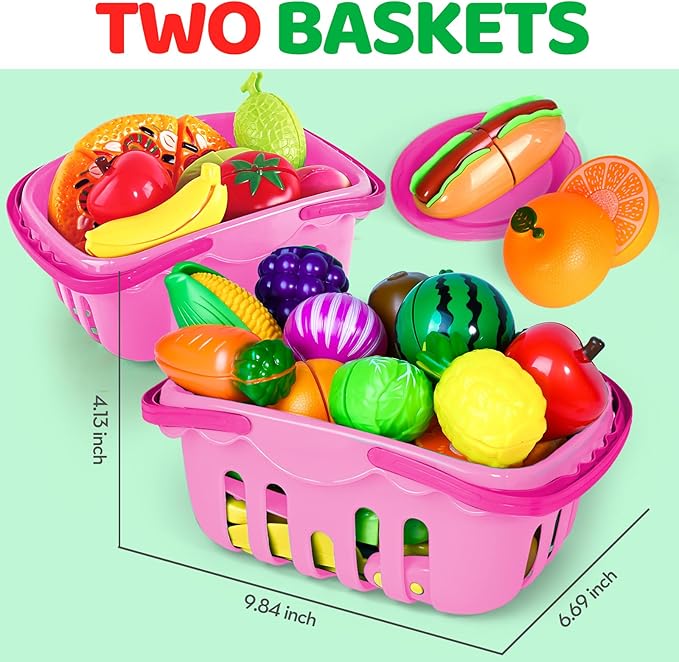 Shemira 100 PCS Cutting Play Food Toy for Kids Kitchen, Pretend Food Toys for Toddlers, Play Kitchen Toys Accessories with 2 Baskets, for 3 4 5 Years Old Boys Girls, Pink