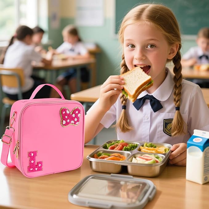 Preppy Initial Bow Mouse Lunch Bag, Kids Insulated Lunch Box Gifts for Teen Girls Daughter, Reusable Soft Lunch Containers Crossbody Cooler Bag Must Haves for Park Travel School Work Picnic Pink L