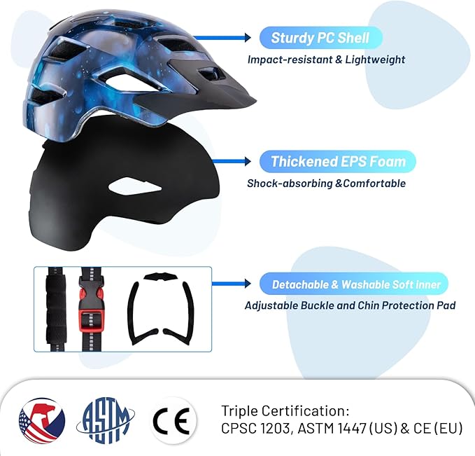 Kids Bike Helmet for Boys & Girls Ages 5-8-14,Lightweight Adjustable 50-57cm Bicycle Helmet with Visor & Reflective Strap，CPSC Certified for Cycling, Skating, Scooters