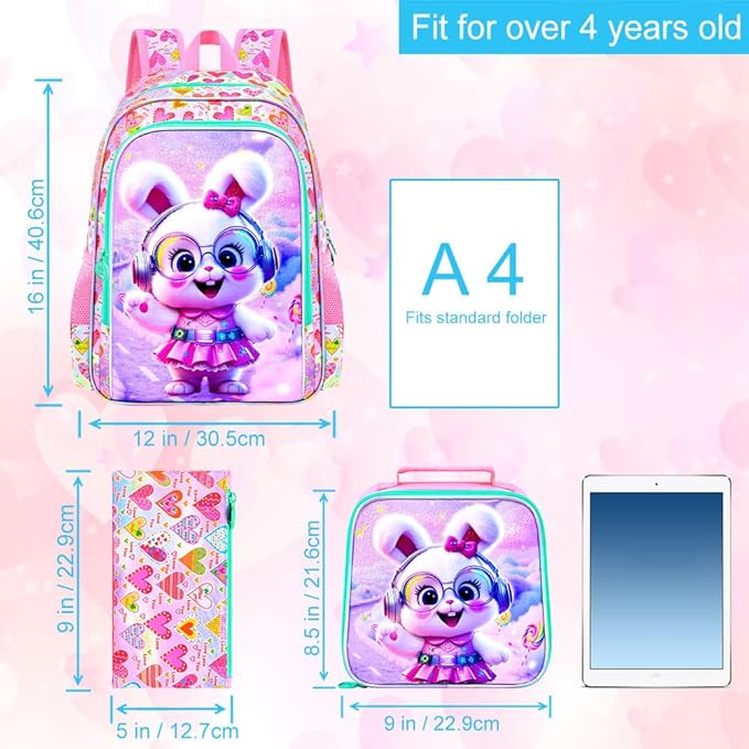 CCJPX 16" Bunny Backpack for Girls, 3Pcs Kids Bookbag with Lunch Box, Water Resistant Elementary School Bag for Kindergarten Preschool Toddler (Pink)