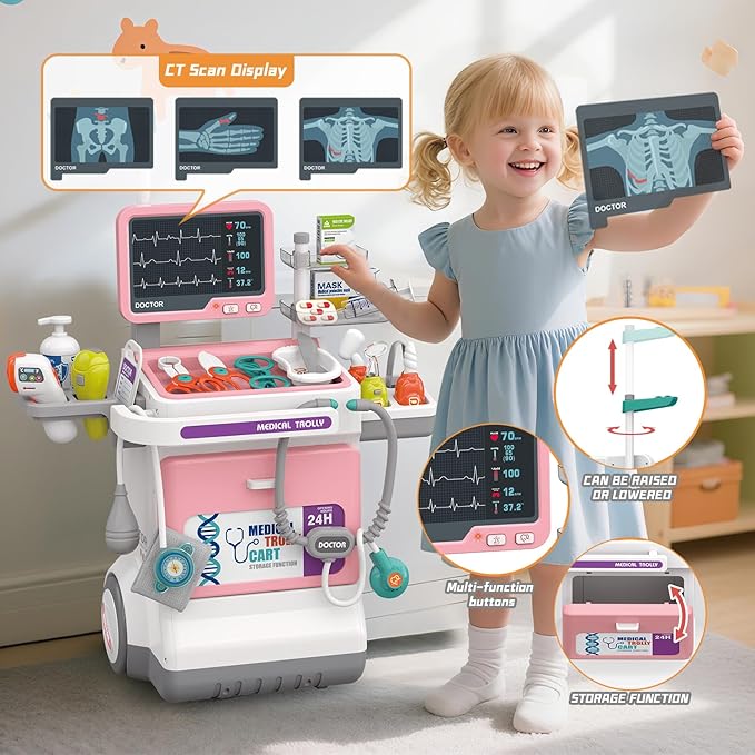 Doctor Kit for Kids Pretend Medical Station Set for Boys & Girls Mobile Cart with Kids Play Set for Ages 3 and Up Children Role Play Educational Toys (Pink)