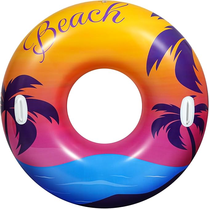 HeySplash Pool Tubes for Adult, 42 Inch Large Pool Floats with Handles, Inflatable Swim Rings Lounge, Hawaii Fun Swim Floaties Swimming Pool Beach Lake River Party Decoration Toys, Orange Purple Beach