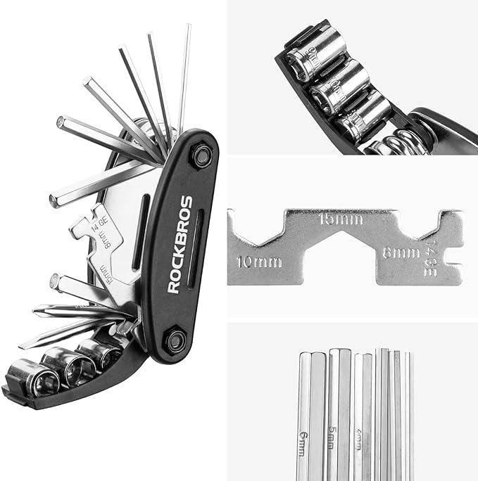 ROCKBROS 16 In 1 Multi-Function Bike Tool Kit - Portable Foldable Bike Multitool Cycling Tool Kit With Allen Wrench, Tire Levers