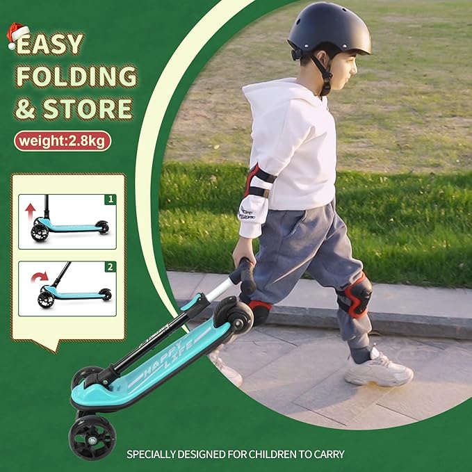 Besrey Kick Scooter for Kids Ages 3-10, 3-Wheel Folding Scooter with Adjustable Height, LED Light Wheels, Extra Wide Deck for Outdoor Activities