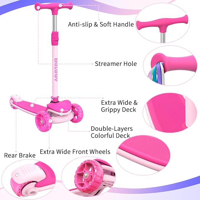 BELEEV A8 Scooter for Kids Ages 3-12, 3 Wheel Folding Scooter for Toddlers Girls Boys, LED Light-Up Wheels, 4 Adjustable Height, Lean to Steer, Extra Wide Wheels, Three Wheel Kick Scooter for Children