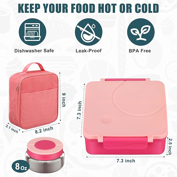 Itslife Bento Lunch Box for Kids with 8oz Soup Thermo&Lunch Bag, Leak-Proof Lunch Food Containers with 4 Compartment, Hot Food Insulated Food Jar for Kids School (Pink)