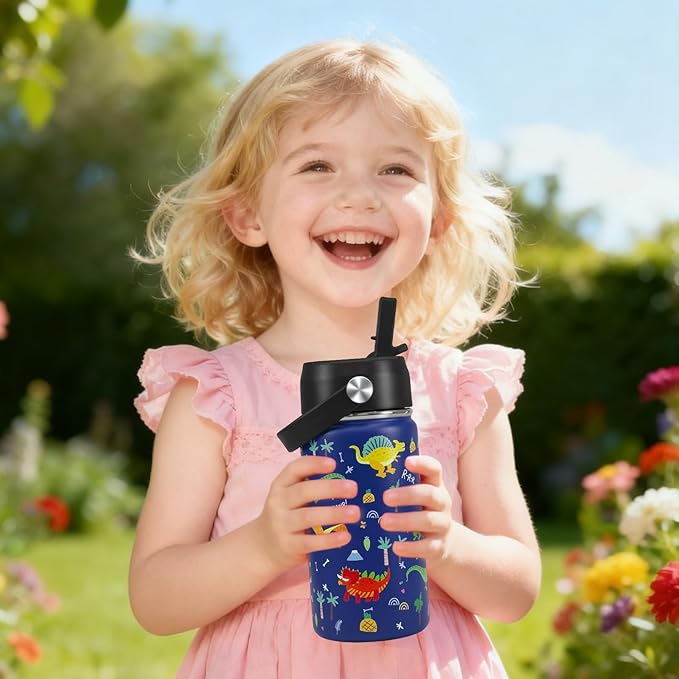 Dinosaur Kids Water Bottle With Straw Lid,14 oz Stainless Steel Travel Bottle,Double Wall Leak Proof Kids Cup,Insulated Tumbler for Toddlers,Metal Bottle for School Boys Girls