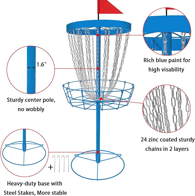 Disc Golf Basket - Portable Disc Golf Target with Heavy Duty 24-Chains Come with 6pcs Disc Golf Discs and Carry Bag, Ground Stake -Suitable for Players of All Levels - Multi Color Available