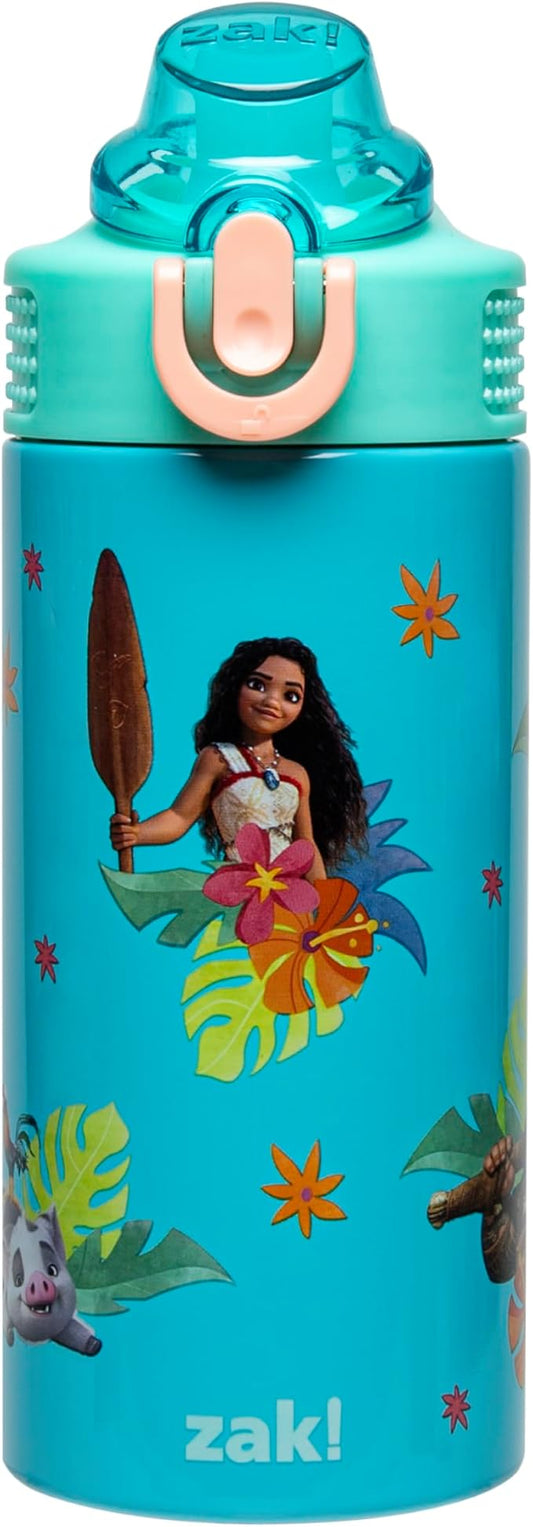 Zak Designs Disney Moana Sage Kids Water Bottle For School or Travel, 14oz Stainless Steel Water Bottle With Straw, Handle, and Leak-Proof, Pop-Up Spout Cover (Moana, Maui, Pua, Hei Hei)