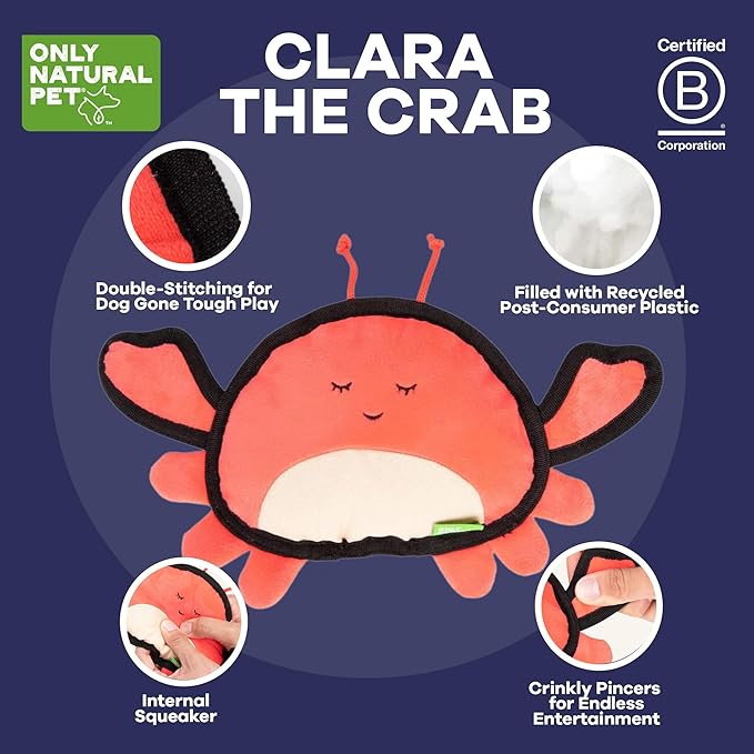 Only Natural Pet Sea Creatures Recycled Plush Dog Toys - Durable Double-Stitched Design with Internal Squeaker, Crinkle Pincers & Plush Feet - Stuffed Toy for Dogs, Pet Toy | Clara The Crab, 11" x 6"