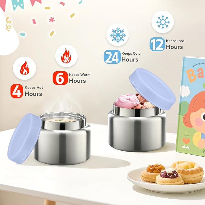 Kids Lunch Box Set -12oz Insulated Food Jar, Thermal Bag,Leakproof Lunch Food Containers Cutlery (BPA Free)-Gift for Girls/Boys Age 3-10(Blue)