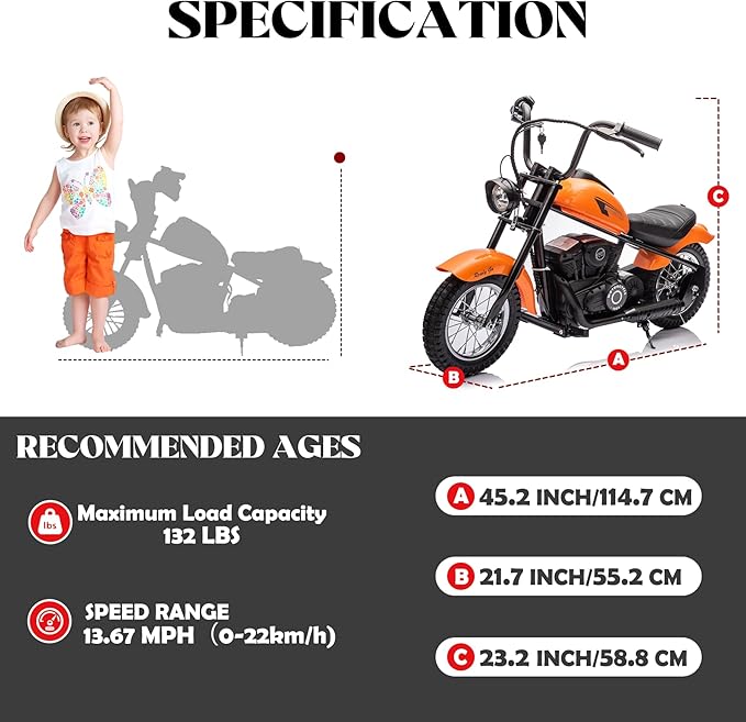 Kids Electric Motorcycle, 24V Electric Dirt Bike for Kids, 250W Motor 14MPH Fast Speed Retro Motocross, Electric Dirt Bike with LED Lights, Leather Seat, Orange
