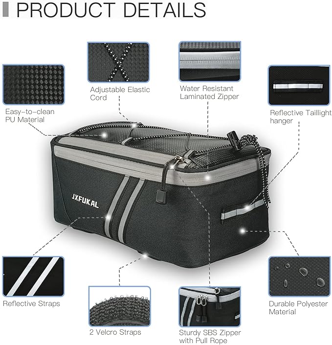 JXFUKAL Rear Bike Rack Bag with Rain Cover, 7L/9L/10L/12L Waterproof Bicycle Ebike Saddle Bag Cycling Pannier Trunk Carrier with Reflector & Adjustable Cord for Commuter Travel Outdoor