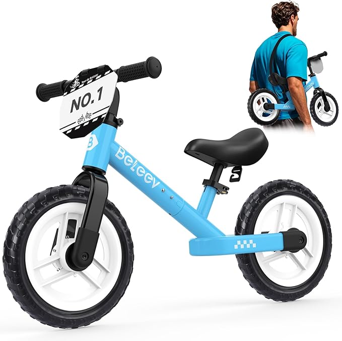 BELEEV C2 Toddler Balance Bike for 2-5 Year Olds with LED Light-Up Wheels, Adjustable Seat & Handlebar & Footrest, 12 inch No-Pedal Training Kids Push Bicycle - First Birthday Gift for Boys & Girls