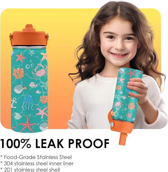 Ocean Gifts for Kids - 16 Oz Green Water Bottle with Straw Lid, Stainless Steel Insulated Tumbler, Leak Proof, BPA-Free, for Girls & Boys, School, Beach - Marine Life Lovers Birthday Gifts (1pc)