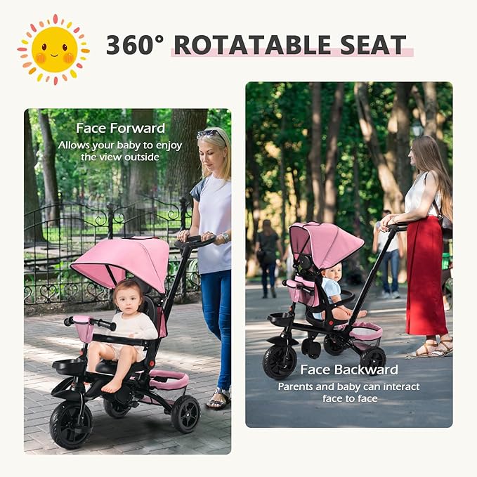 Kinder King Kids Tricycle, 7 in 1 Folding Toddler Trike w/Adjustable Push Handle, Rotatable Seat, Adjustable Canopy, Safety Harness, Storage, Toddler Stroller Bike for Age 6 Months+,Pink