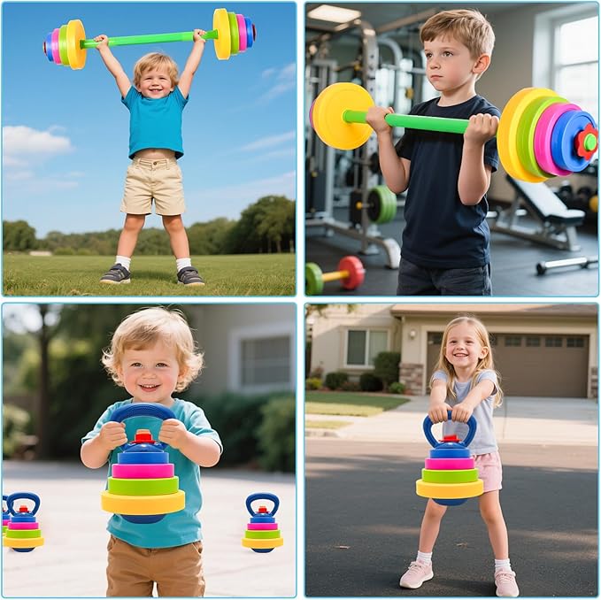 3-in-1 Kids Fitness Set with Adjustable Barbell, Kettlebell & Reusable Water Bottle – Kids Gym Equipment for Pretend Play Exercise, Fun Fitness Toys for Boys & Girls Home Workout