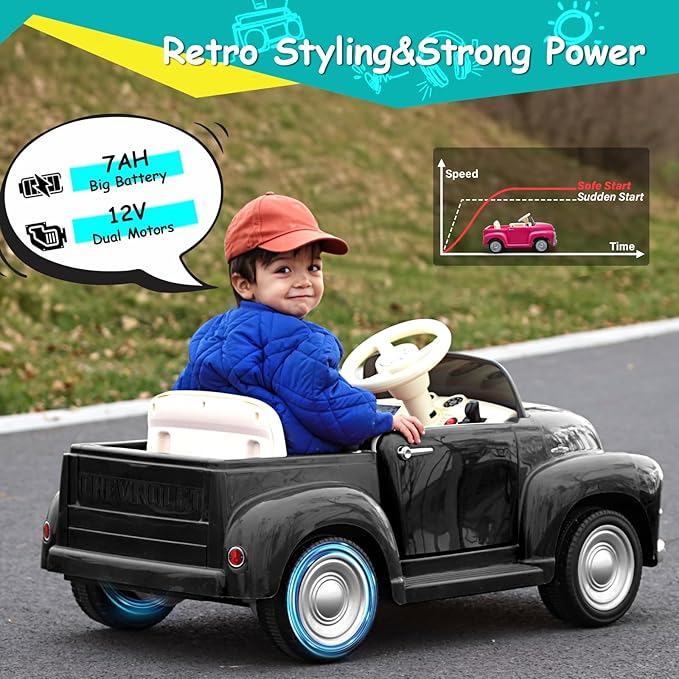 Joywhale 12V Kids Ride on Car Licensed Chevrolet 3100 Pickup Battery Powered Motorized Electric Car,with 7AH Big Battery,2.4G Remote Control,3-Speeds,Storage Space,Music,Retro Style,Black