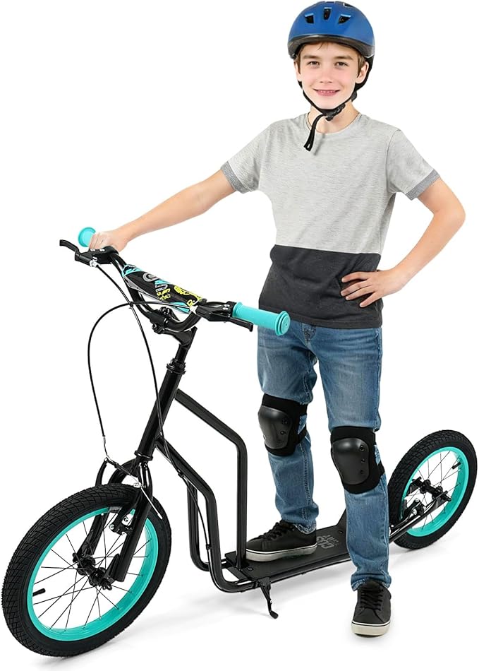 GYMAX Youth Scooter, Height Adjustable Kick Scooters with Extra Large Inflatable 16” Front & 14” Rear Wheels, Dual Hand Brakes & Kickstand, Heavy Duty Scooter for Teens Adults