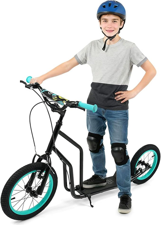 GYMAX Youth Scooter, Height Adjustable Kick Scooters with Extra Large Inflatable 16” Front & 14” Rear Wheels, Dual Hand Brakes & Kickstand, Heavy Duty Scooter for Teens Adults