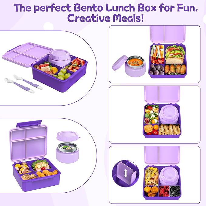 Kids Bento Lunch Box with 8oz Soup Thermo, Kids Leakproof Lunch Food Containers with 4 Compartment,Insulated Hot Food Jar with Lunch Bag for School, Travel (Purple)
