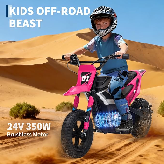 24V Electric Dirt Bike for Kids, 350w Electric Motorcycle for Kids - Up to 13.67Mile/h Long-Range, Ride on Motorcycle with Rear Wheel Suspension, 12 Miles Range, Twist Grip Throttle, Rubber Tire
