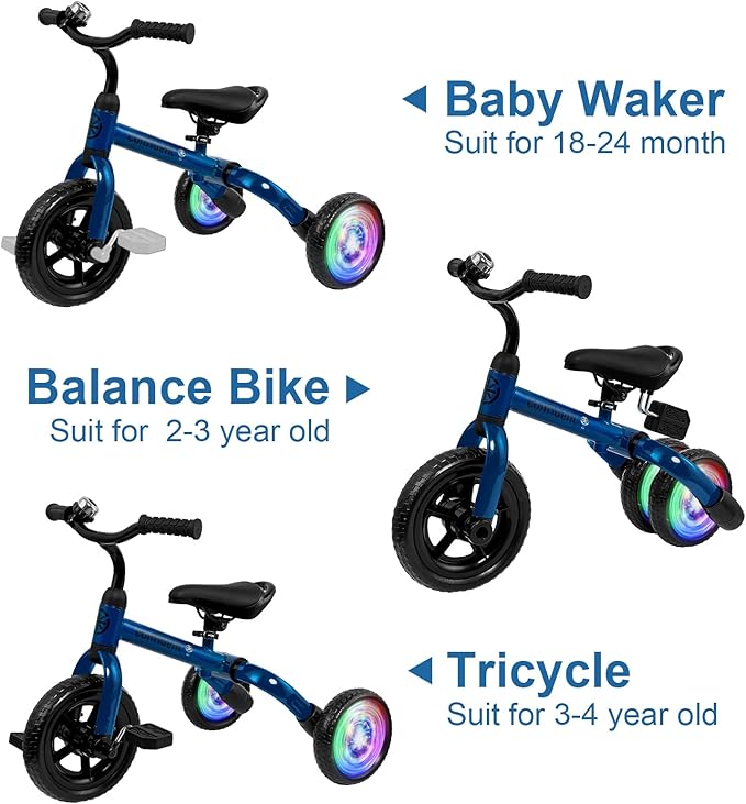 YGJT 3 in 1 Lighting Tricycle for Toddlers Age 2-5 Years Old, Folding Kids Balance Bike with Adjustable Seat and Removable Pedal, Toddler Bike Ride-on Toys for Infant, Gifts for Baby Boys Girls(Blue)