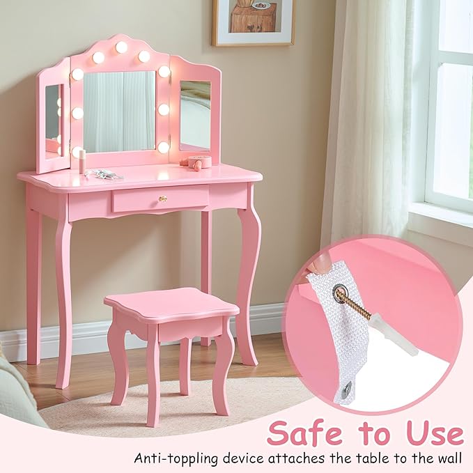 Kids Vanity with Lights, Princess Makeup Vanity Desk with Mirror and Stool, 2 in 1 Wooden Toddler Vanity Table & Chair Set for Little Girls