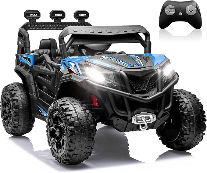 ANPABO 24V Ride on Toys for Big Kids w/Remote Control, 4X75W Motors, Max 4.5MPH, 4WD/2WD Switchable, 4 Shock Absorbers, 19" Spacious Seat, Bluetooth, Electric Car for Kids (Blue)
