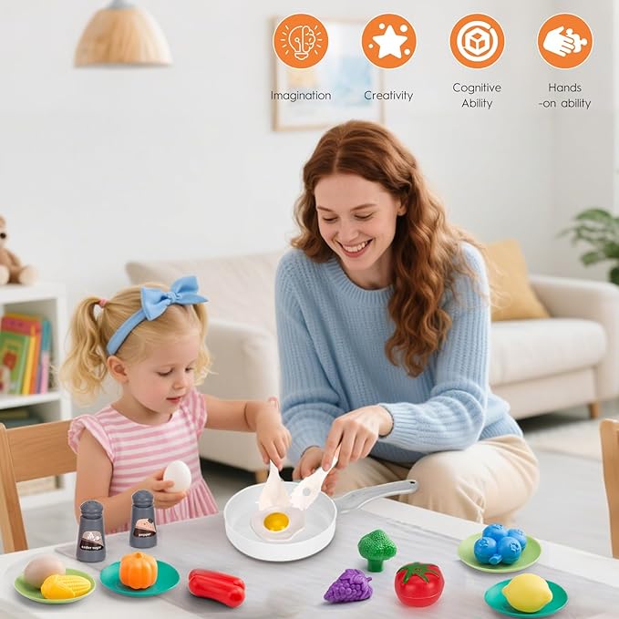 35Pcs Kids Kitchen Toy Accessories, Toddler Pretend Cooking Playset with Play Pots, Pans, Utensils, Cookware, Play Food Set, Toy Vegetables, Learning Gift for Girls & Boys (White)
