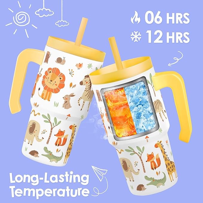 Jungle Animal Tumbler 20oz with Handle and Silicone Straw Lid for Kid, Insulated Stainless Steel Cup, Gift for Kids Boys, Gifts Idea for Birthday Christmas Back to School