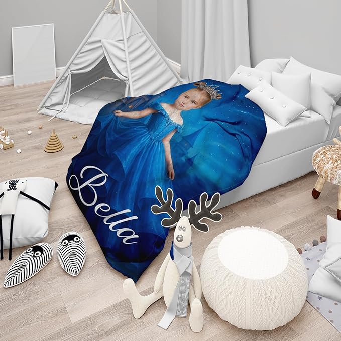 Personalized Princess Blanket, Custom Photo Baby Blanket with Name, Kids Fairy Tale Design, Soft Fleece Throw, for Baby Girl