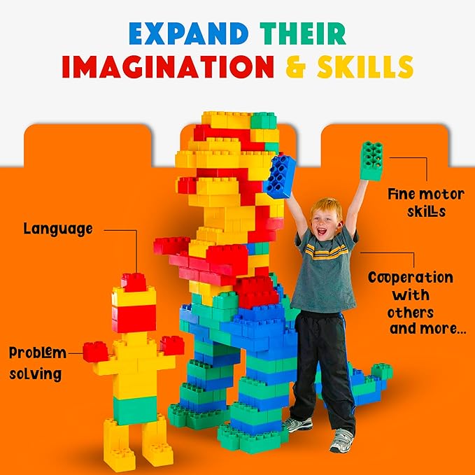 BiggoBlocks Big Blocks for Kids Ages 4-8 — Indoor & Outdoor Blocks for Kids Games — Large Building Blocks (36 pc with 3 Cars) Train Set