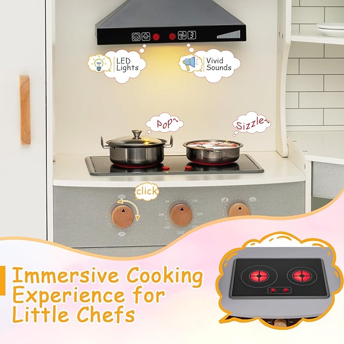 GLACER Corner Kids Kitchen Playset, Wooden Play Kitchen with Washing Machine, Ice Maker, Microwave, Oven, Sink & Facet, Pretend Toy Kitchen Set with Sounds & Lights for Toddler