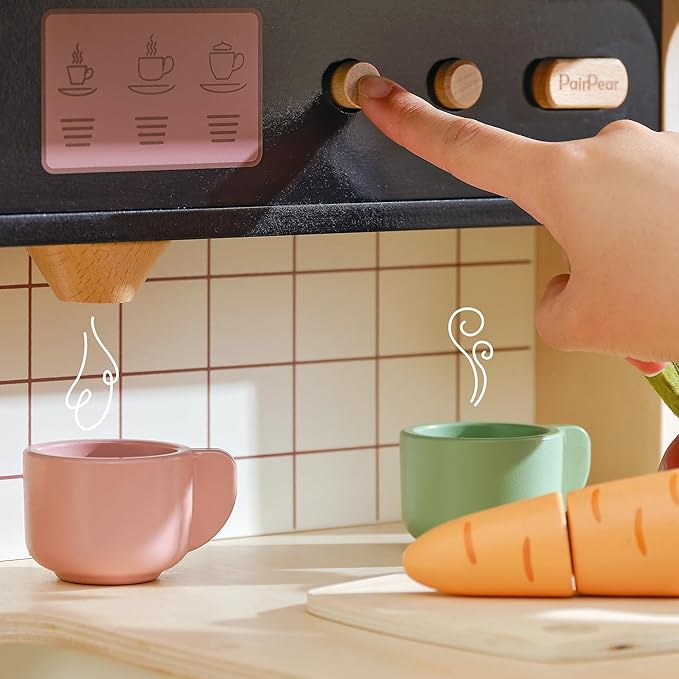 PairPear Wooden Play Kitchen for Kids, XL Large Toy Kitchen Playset with Coffee Maker, Fridge & Large Storage System, Pretend Toy Food Cooking Set Play Kitchen Accessory for Kids Ages 3+