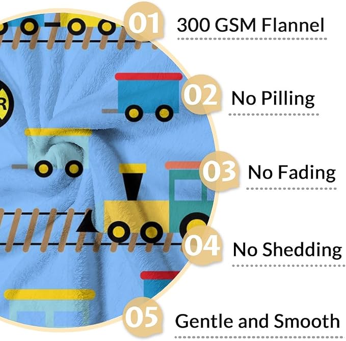 Train Gifts for Teen Boys 10-12 - Plush Fluffy Train Blanket - 50"x60" Inches Throw Size - Light Blue Cartoon Blankets