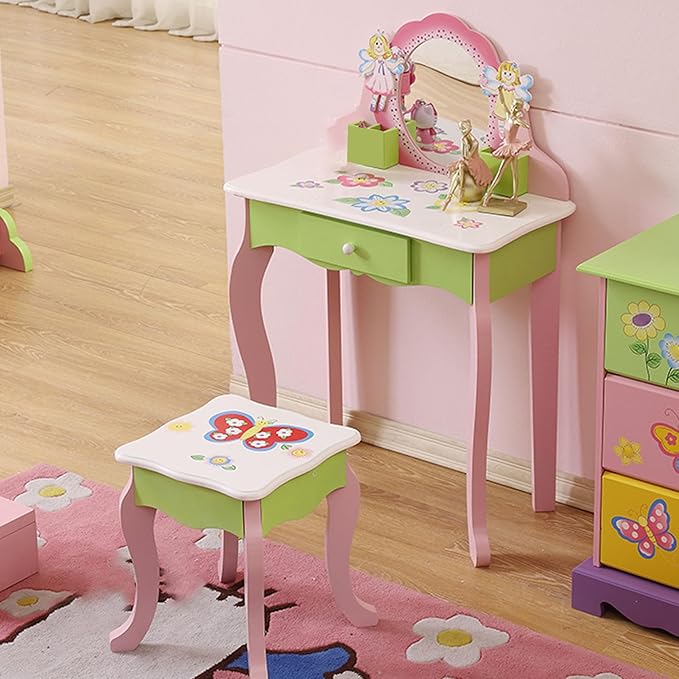 Kids Vanity Set with Stool, Wooden Makeup Dresser Table with Mirror, Flower Fairy Design with Storage Drawer, Safety Anti-Tip for Girls Age 3 and Up